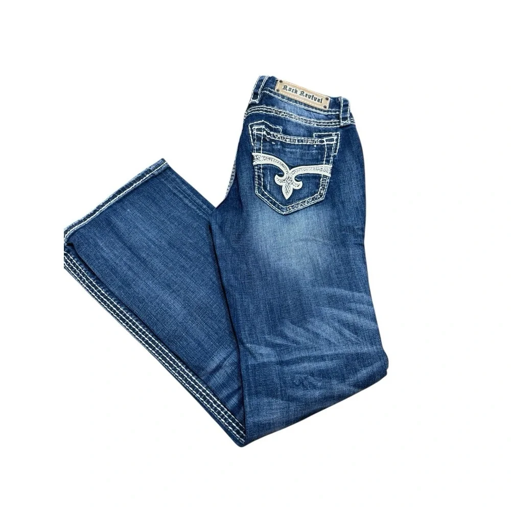 🤑Y2K‎ Rock Revival Jeans Bootcut Thick White Stitching Denim Bling Pockets 27 - Picture 9 of 9